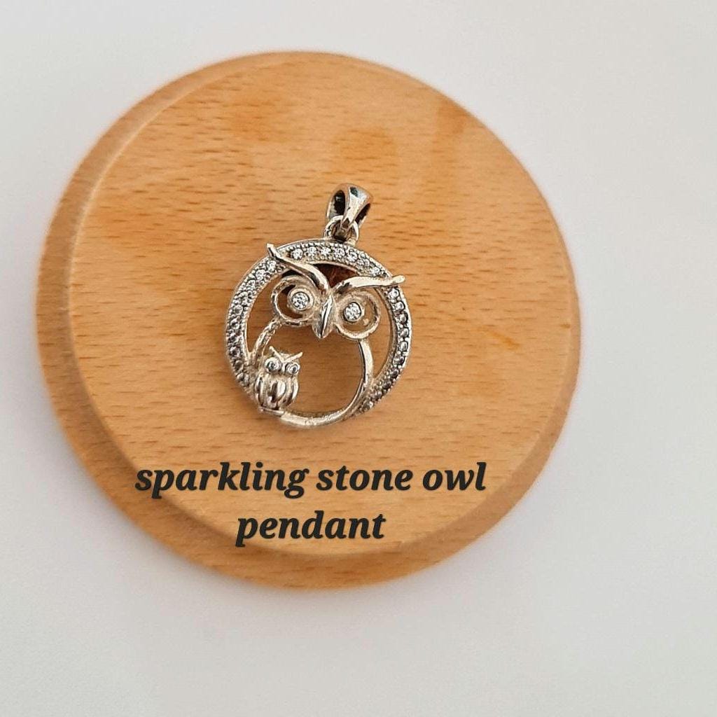 Sterling Silver Mummy & Baby Owl Pendant: Sparkling Stone Eyes