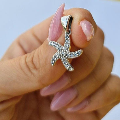 Sterling Silver Starfish Pendant – Dainty Sea Star Charm with Sparkling Stones, Ocean Inspired Jewelry