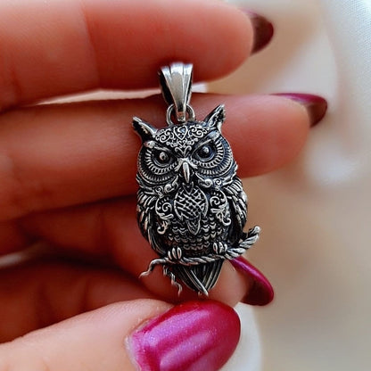 Silver Owl Pendant, Handmade Bird Necklace for Men and Women, Unique Animal Charm,