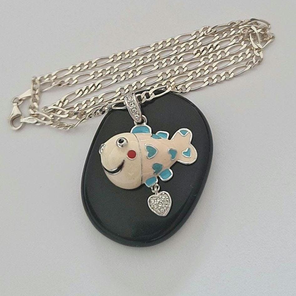 Silver Enamel Fish Necklace • 925 Sterling Silver Figaro Chain 50cm • Ocean Jewelry • Colorful Fish Pendant