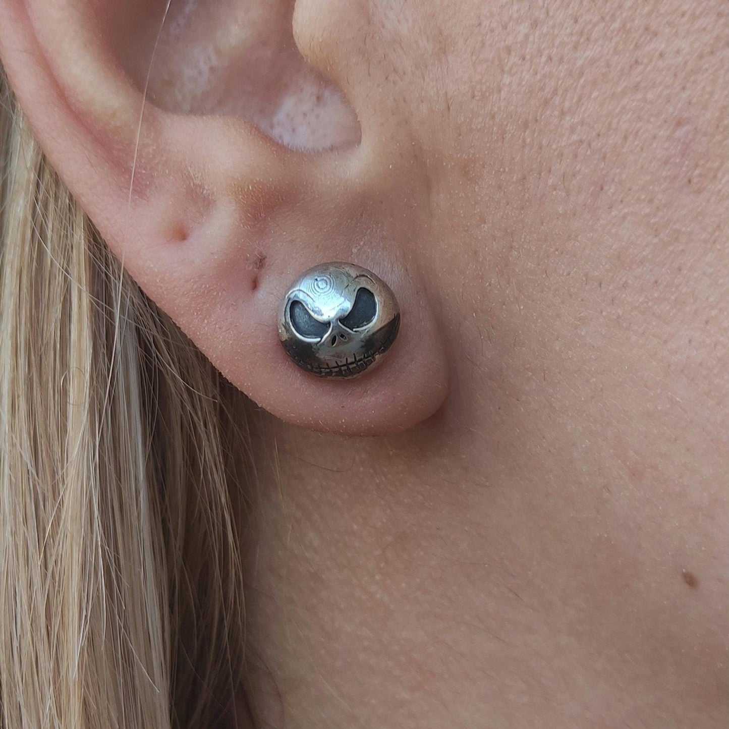 Handmade Sterling Silver Jack Skull Stud Earrings: Gothic Halloween Jewelry
