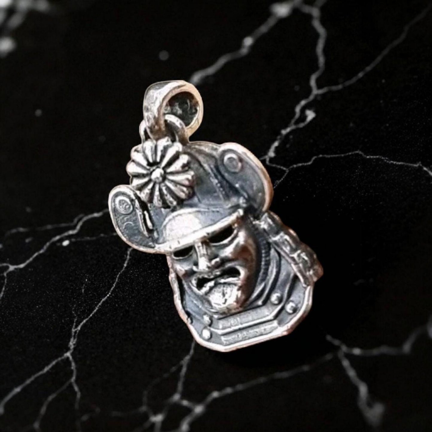 Handmade Sterling Silver Samurai Mask Pendant: Gothic Japanese Necklace