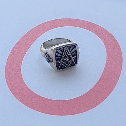 Masonic Square and Compass Symbol Ring - Solid Freemasonry Emblem for Men -925 Sterling Silver -