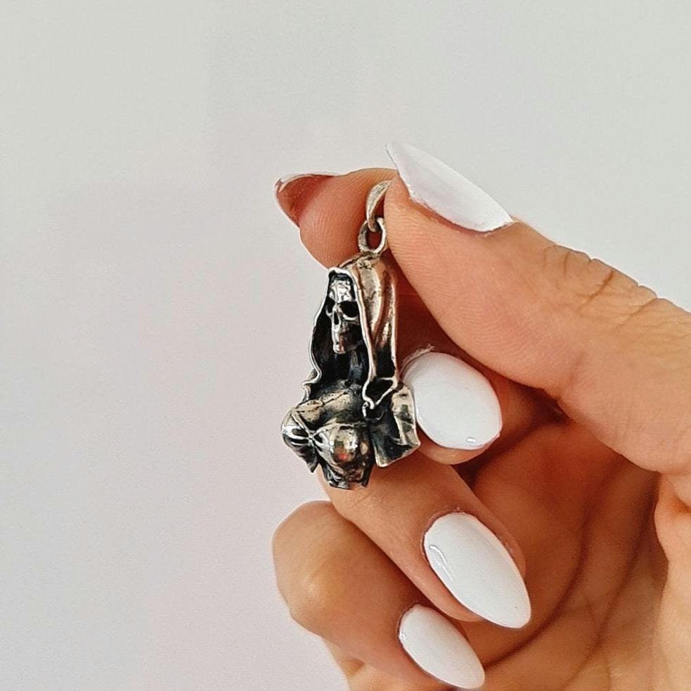 Silver Santa Muerte pendant - Skeleton Goddess in Hooded Cloak and Bow-Tied Top   Gothic Death Jewelry