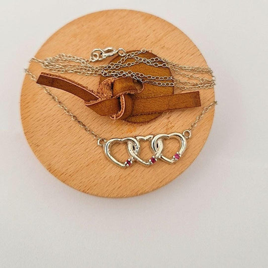 Sterling Silver Interlocking Hearts Necklace: Red Stone Accents, Romantic Gift