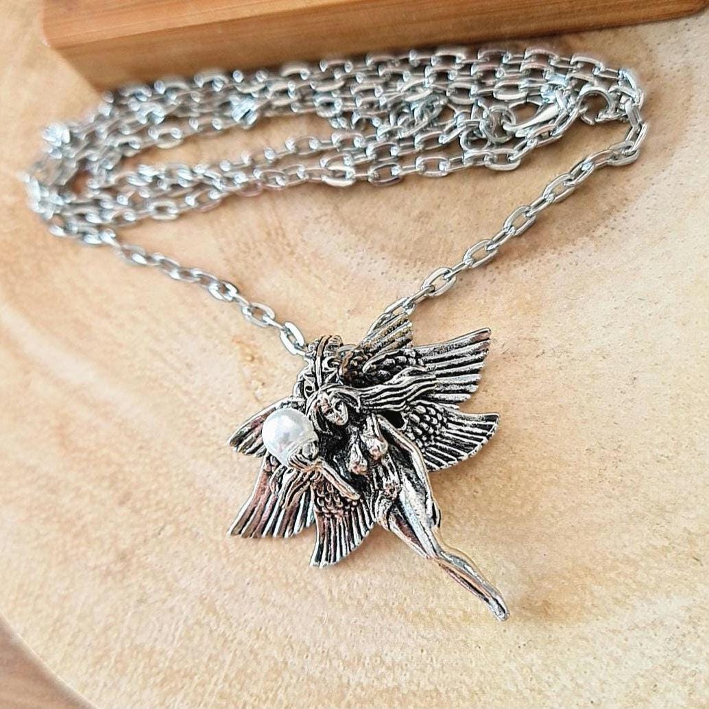 Retro Pearl Goddess Wing Angel Necklace  Unisex anime statement Necklace