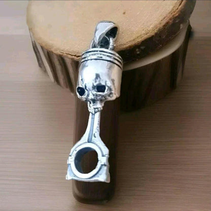 Handmade Sterling Silver Skull Piston Pendant - Gothic Biker Charm