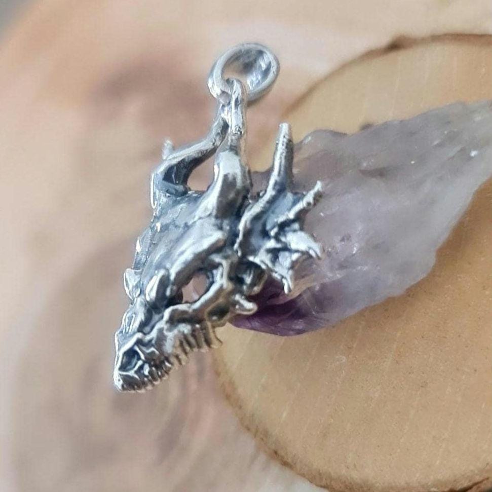 Handmade Sterling Silver Dragon Skull Pendant: Gothic Fantasy Jewelry