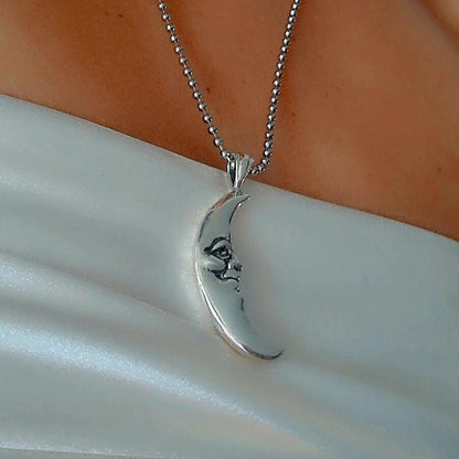 Crescent Moon Face Pendant  925 Sterling Silver - Unique Handcrafted