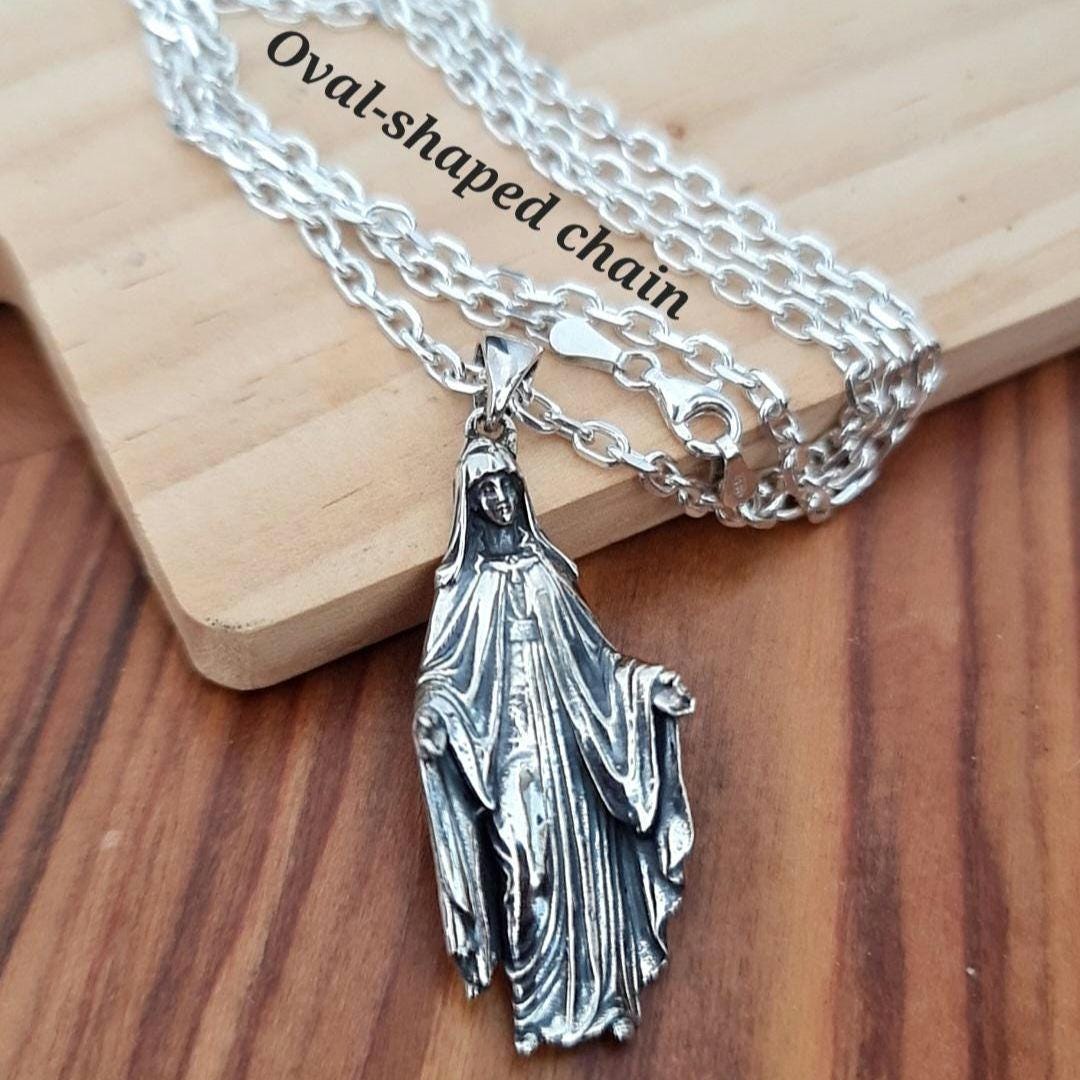 Sterling Silver Virgin Mary Necklace: Religious Protection Pendant