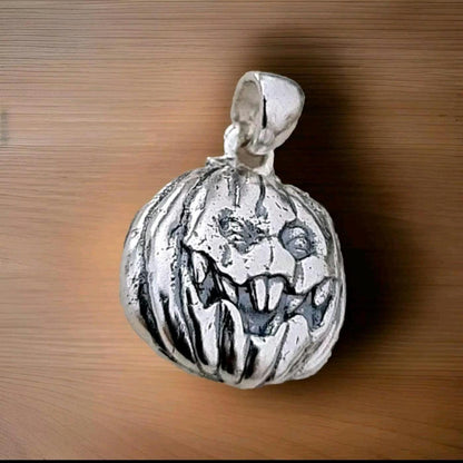 Jack-o'-Lantern Pumpkin Pendant -Spooky  Halloween Jewelry- Handmade Sterling Silver-