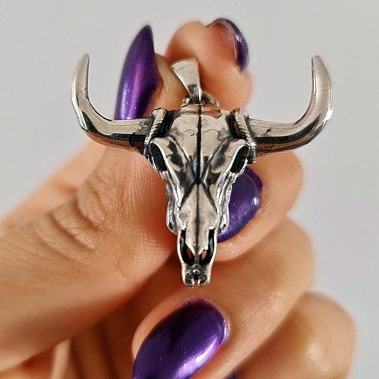 Sterling Silver Bull Skull Pendant: Native American Western Amulet
