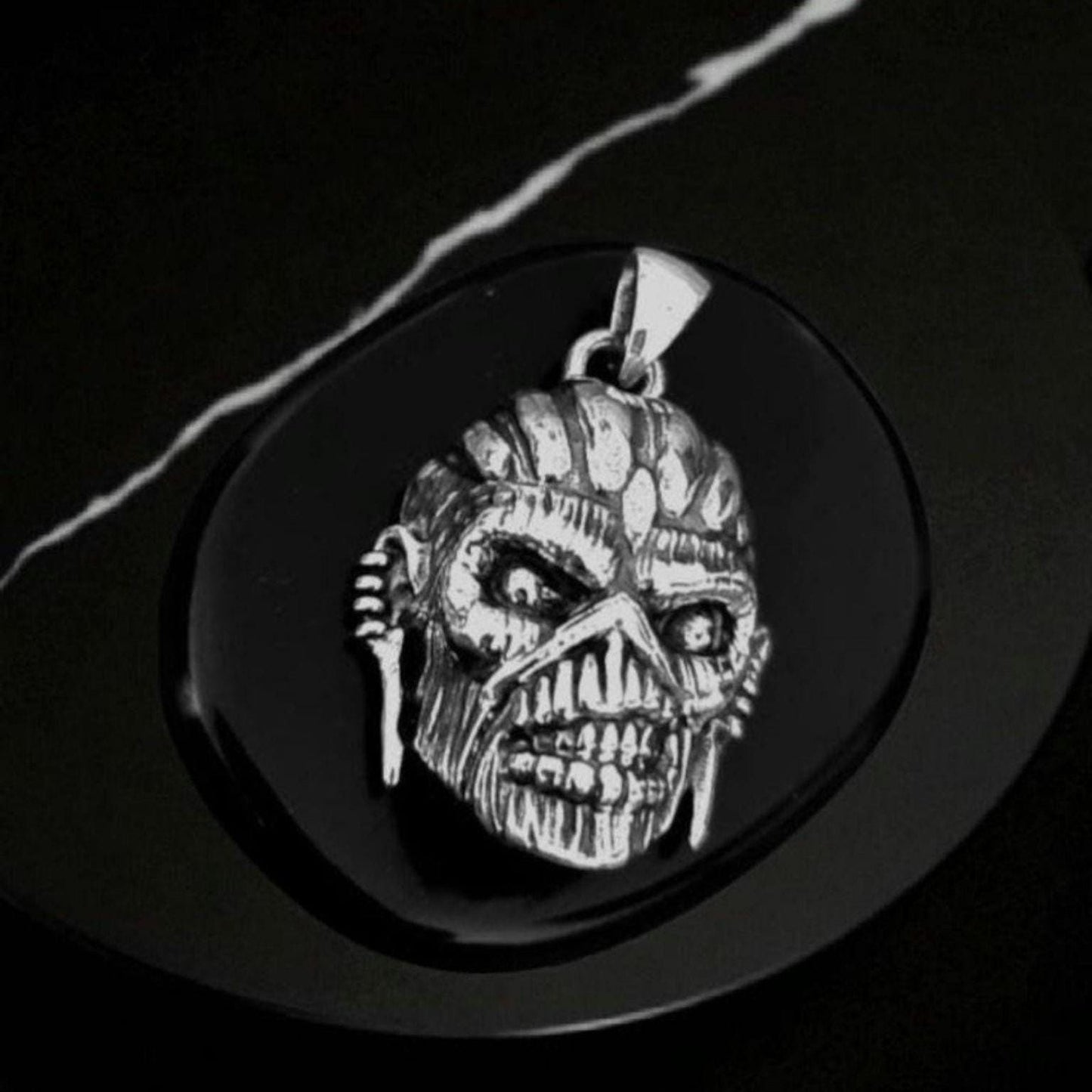 Handmade  Sterling Silver Iron Maiden Book of Souls - Eddie Mayan Warrior Skull Pendant -Rock  Heavy metal jewelry