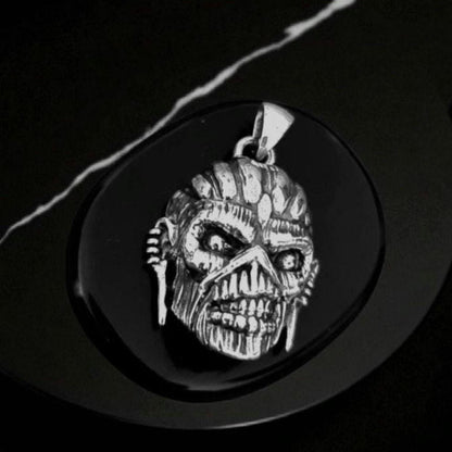 Handmade  Sterling Silver Iron Maiden Book of Souls - Eddie Mayan Warrior Skull Pendant -Rock  Heavy metal jewelry