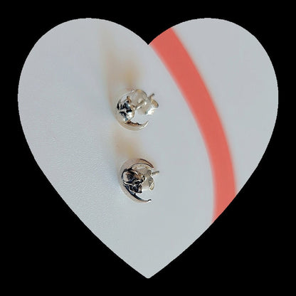 Handmade Gothic Skull Crescent Stud Earrings: 925 Sterling Silver
