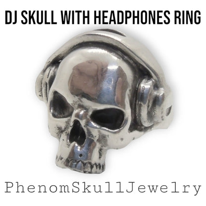 Handmade 925 Sterling Silver DJ Skull Ring with Headphones
