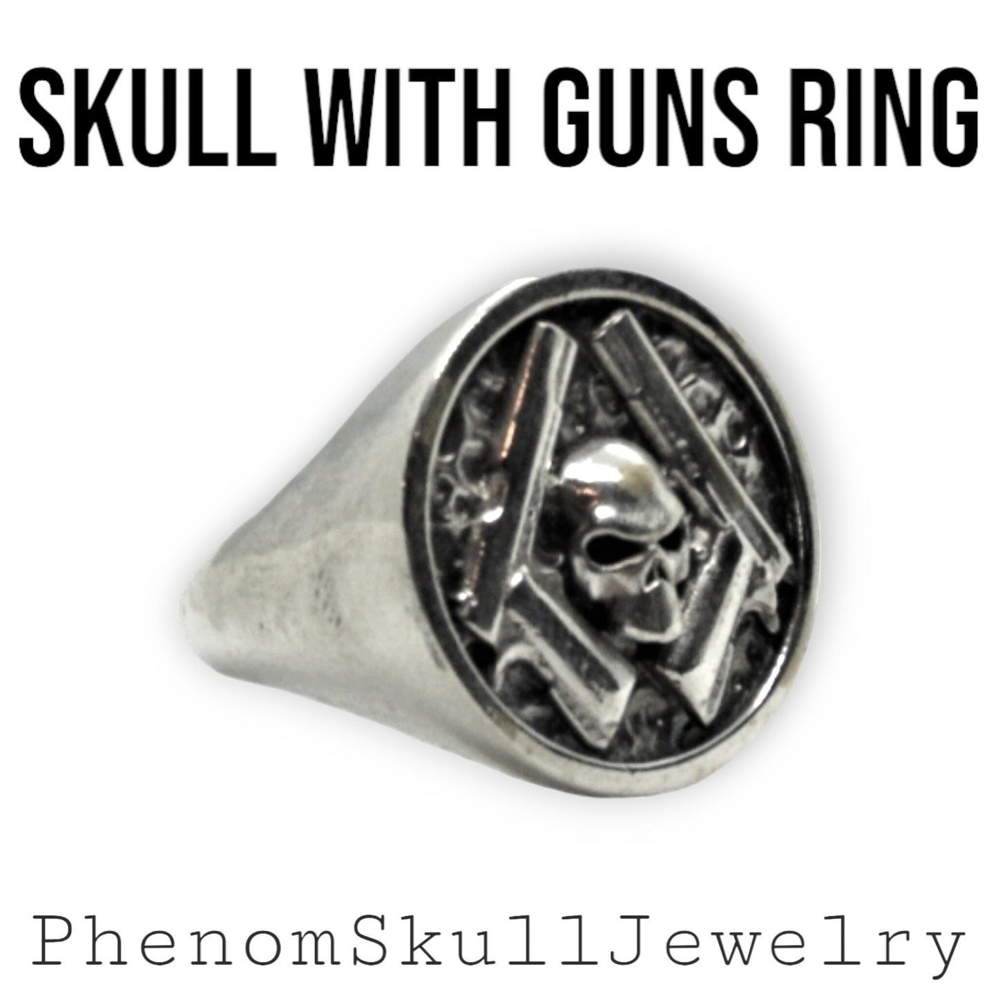 Skull & Guns silver Ring – Bold Biker Jewelry for Men – Rebel Outlaw Motorcycle Gift, Unique Design