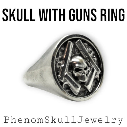 Skull & Guns silver Ring – Bold Biker Jewelry for Men – Rebel Outlaw Motorcycle Gift, Unique Design