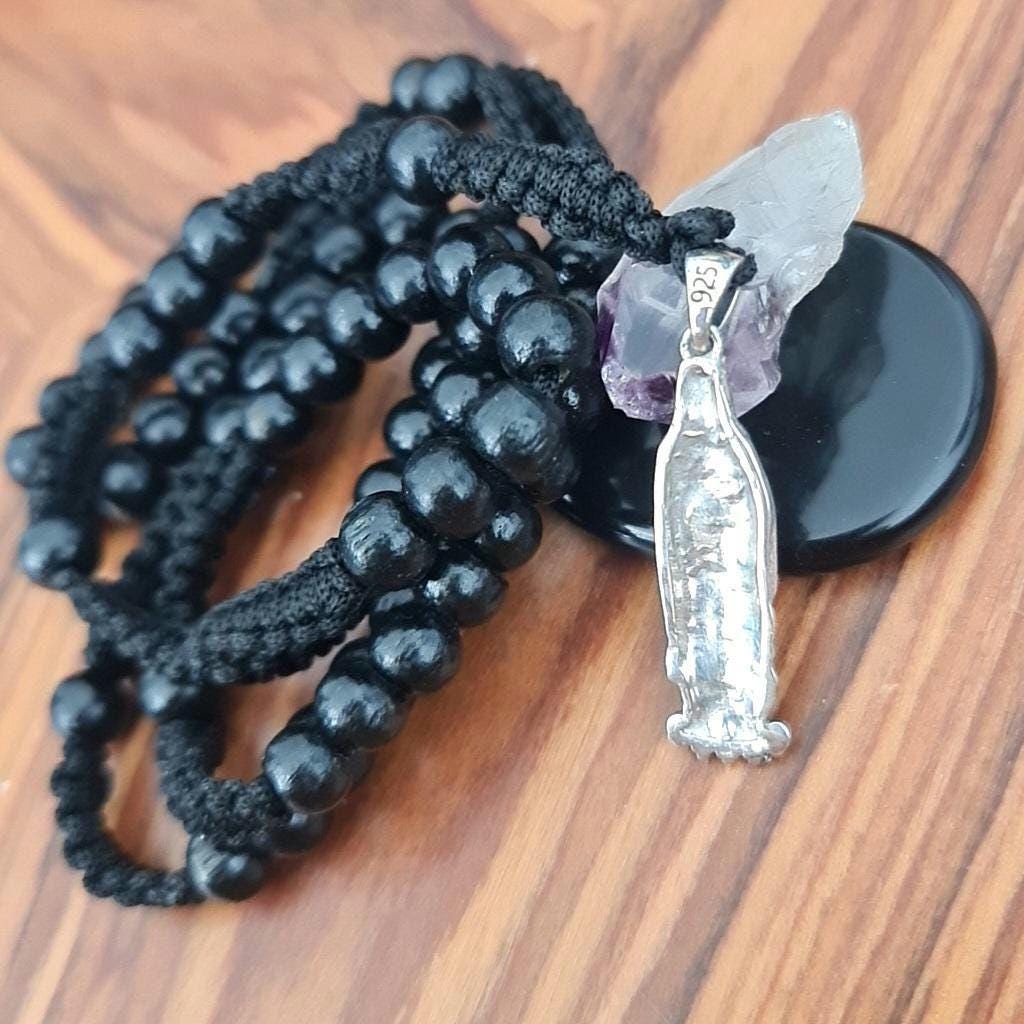 Handmade 925 Silver Santa Muerte Rosary Necklace: Gothic Grim Reaper