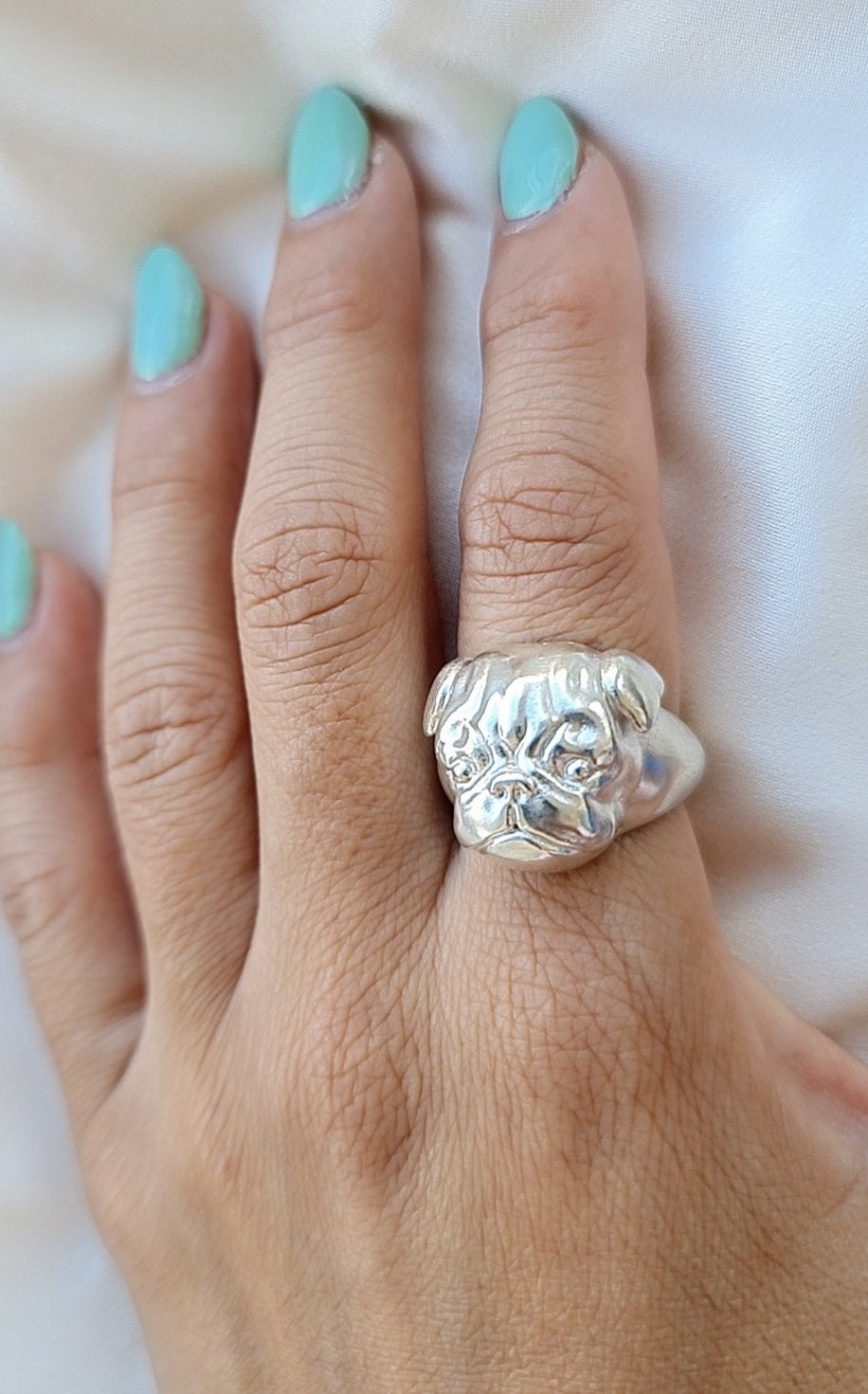 Handmade Sterling Silver Pug Ring: Detailed 925 Silver Dog Jewelry