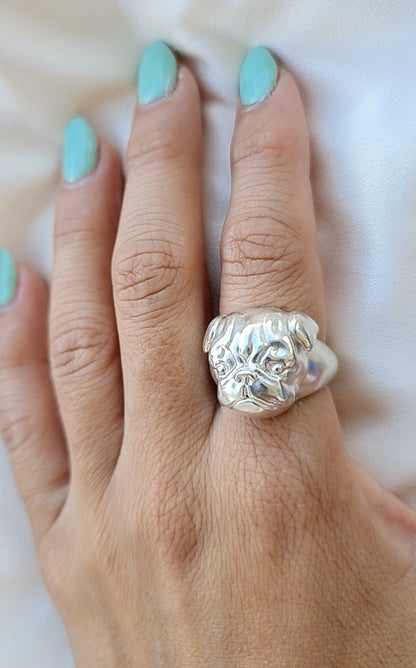 Handmade Sterling Silver Pug Ring: Detailed 925 Silver Dog Jewelry