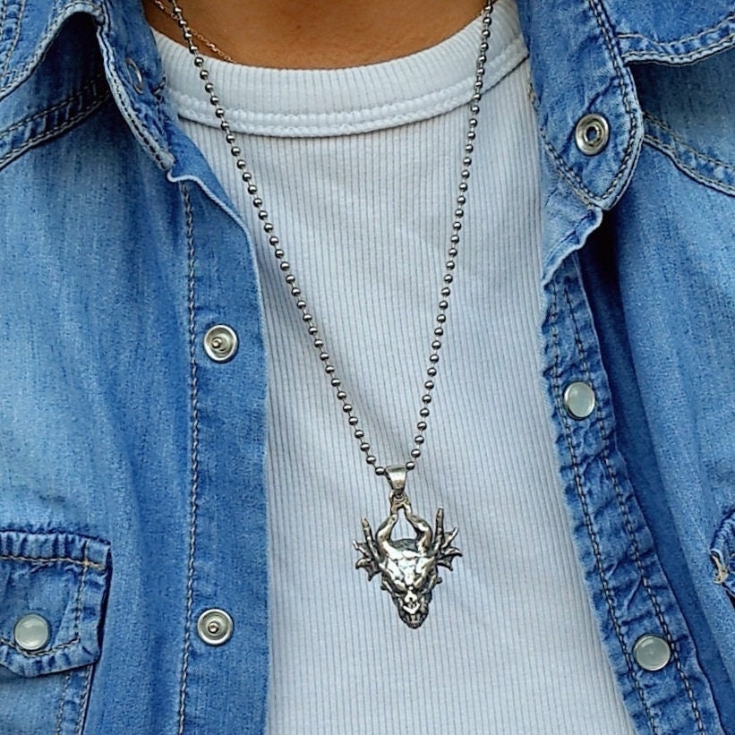 Handmade Sterling Silver Dragon Skull Pendant: Gothic Fantasy Jewelry