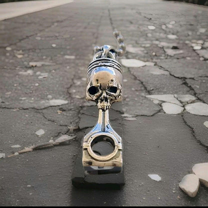 Handmade Sterling Silver Skull Piston Pendant - Gothic Biker Charm