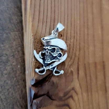 Handmade Silver Pirate Skull Necklace: Cross Swords Pendant