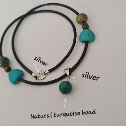 Genuine Turquoise Bead Necklace | 45 cm PU Cord with Silver Bail & Silver Clasp |December Birthstone