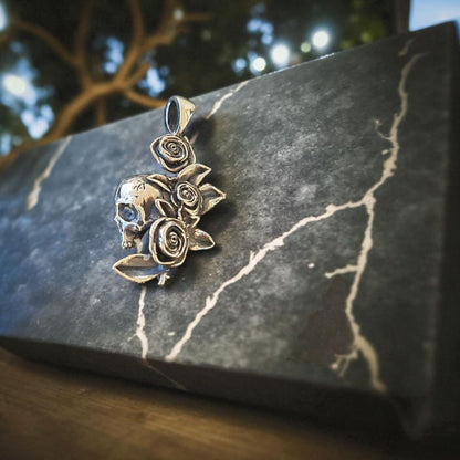 Gothic Skull & Roses Silver Pendant | Dark Rose Skull Charm | Alternative Witchy Jewelry
