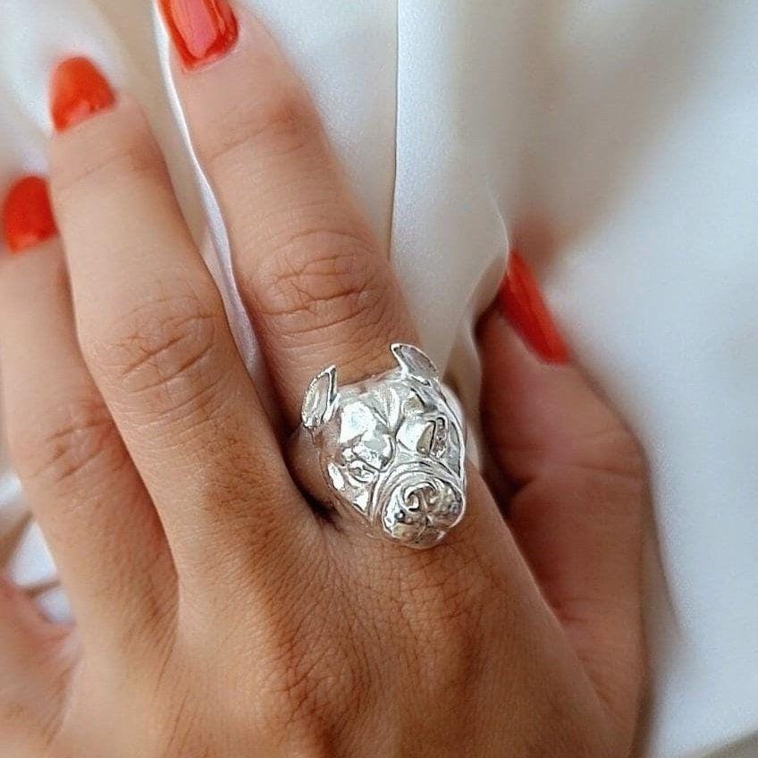 Handmade Sterling Silver American Pit Bull Ring - Dog Lover Gift