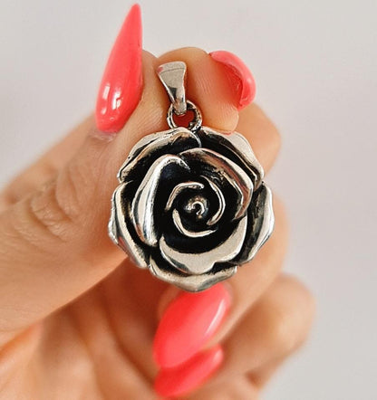 Oxidized Sterling Silver Rose Pendant - Handmade Floral Necklace