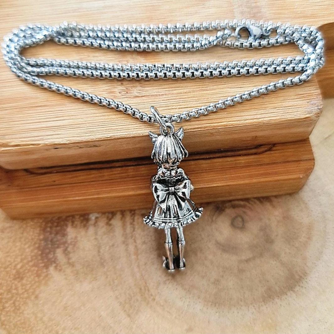 Anime Catgirl Necklace: Pewter Art Deco Pendant, Stainless Steel Chain