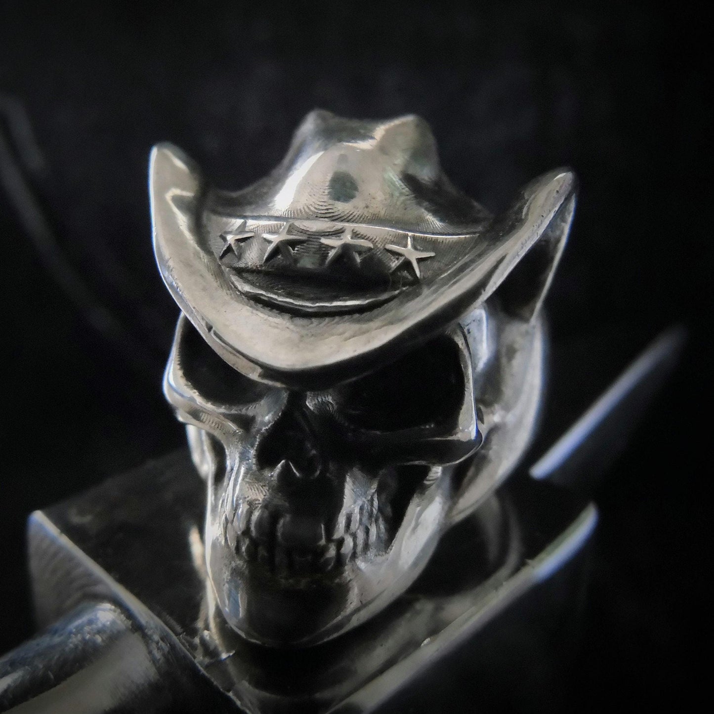 Handmade Sterling Silver Cowboy Skull Ring - Gothic Biker Jewelry