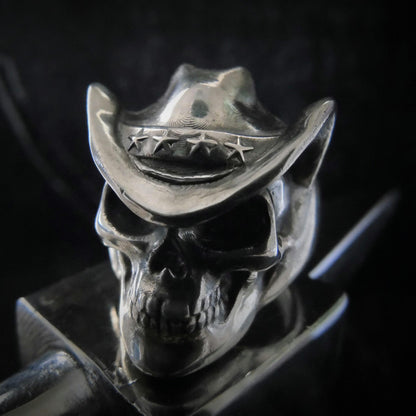 Handmade Sterling Silver Cowboy Skull Ring - Gothic Biker Jewelry