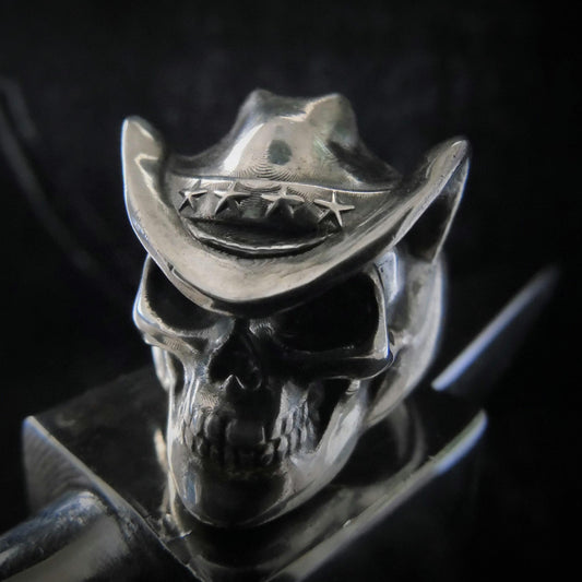 Handmade Sterling Silver Cowboy Skull Ring - Gothic Biker Jewelry