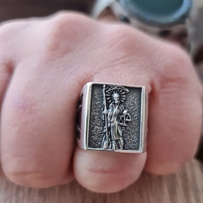 Handmade Santa Muerte Silver Ring: Divine Protection Skull Jewelry