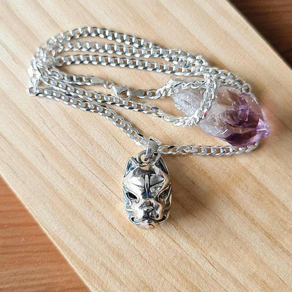 Sterling Silver Japanese Kitsune Fox Mask Pendant: Edgy Inari Necklace