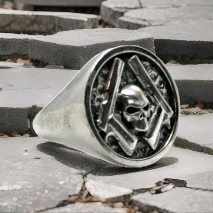 Skull & Guns silver Ring – Bold Biker Jewelry for Men – Rebel Outlaw Motorcycle Gift, Unique Design