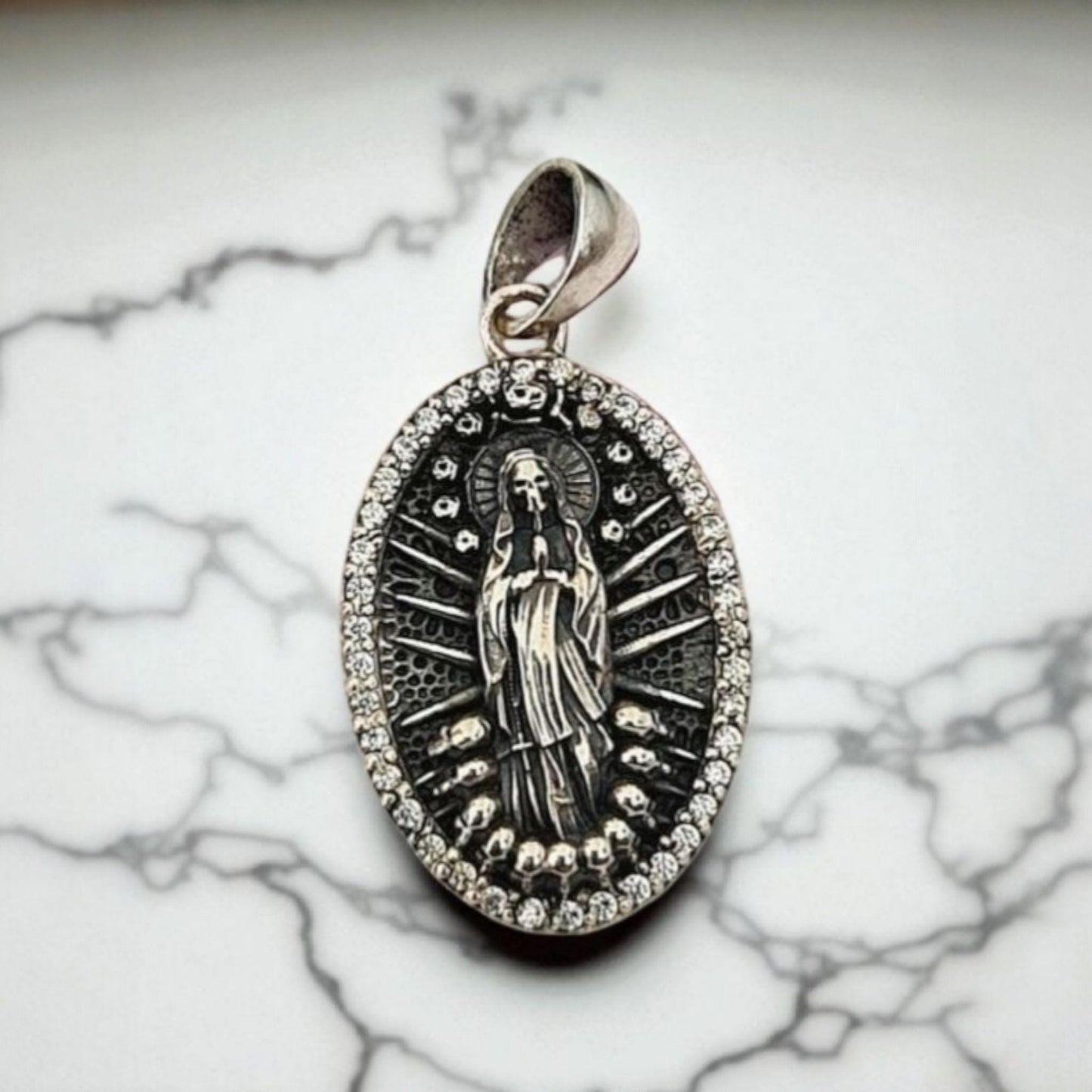 Sterling Silver La Santa Muerte Pendant: Gothic Zircon Skull Amulet