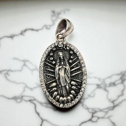 Sterling Silver La Santa Muerte Pendant: Gothic Zircon Skull Amulet