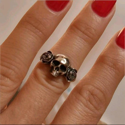 Handmade Sterling Silver Skull Ring with Roses: Edgy Gothic Jewelry
