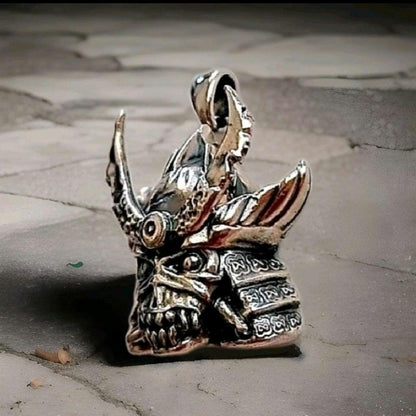 Handmade Sterling Silver Iron Maiden Senjutsu - Samurai Skull Pendant: Rocker Biker Jewelry
