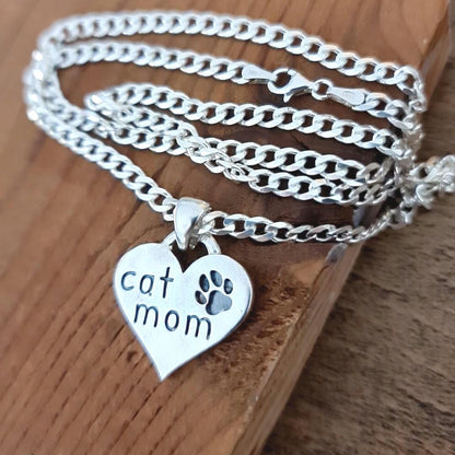 Handmade Sterling Silver Cat Mom Heart Pendant - Paw Print Charm