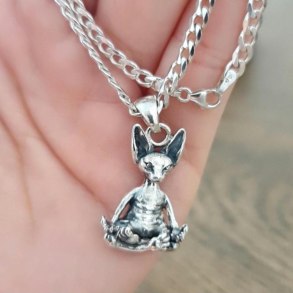 Handmade Sterling Silver Sphynx Cat Pendant: Zen Yoga Pose