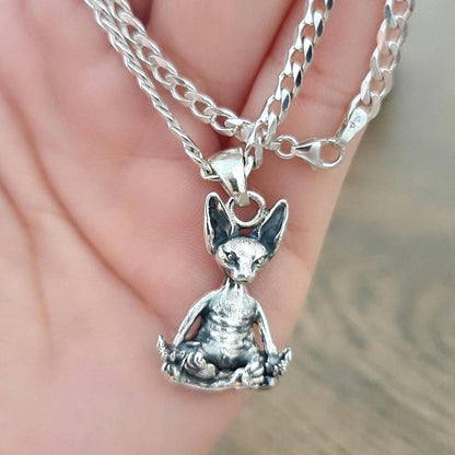 Handmade Sterling Silver Sphynx Cat Pendant: Zen Yoga Pose