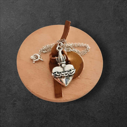 Sterling Silver Sacred Heart Necklace: Flame & Thorns, Catholic Gift