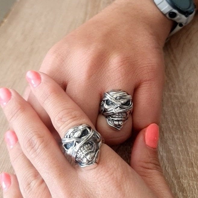 Iron Maiden Powerslave - Eddie Mummy Skull Ring – Egyptian Rock Jewelry – Unique Heavy Metal Statement Handmade Sterling Silver