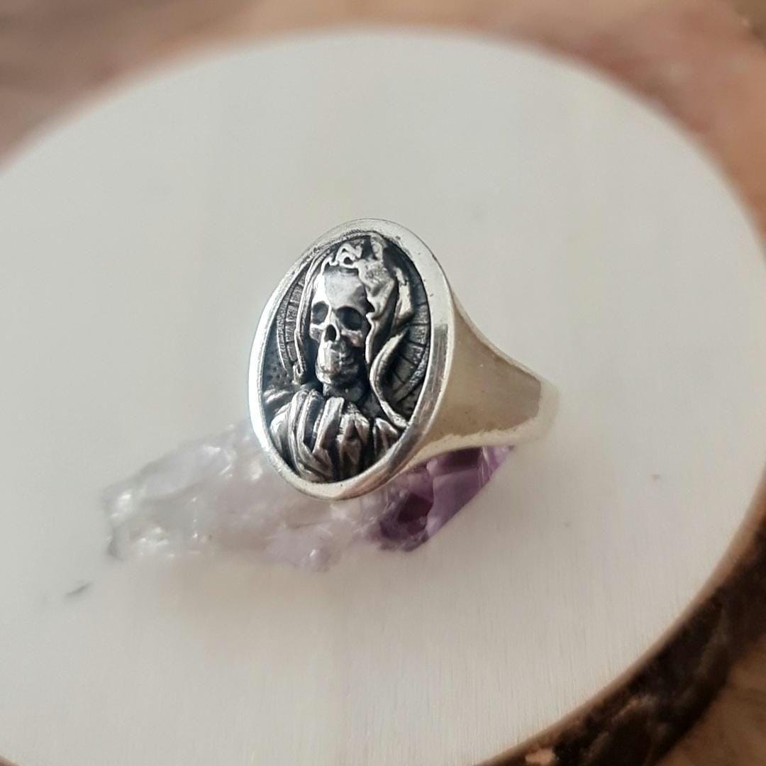 Handmade Santa Muerte Skull Ring: Gothic 925 Silver Jewelry