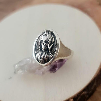 Handmade Santa Muerte Skull Ring: Gothic 925 Silver Jewelry
